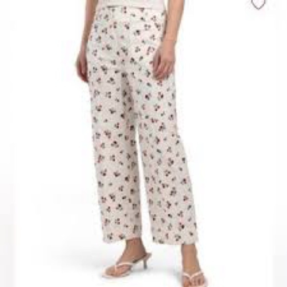 NICOLE MILLER NEW YORK  White/red Linen Blend Strawberry Print ankle pants
